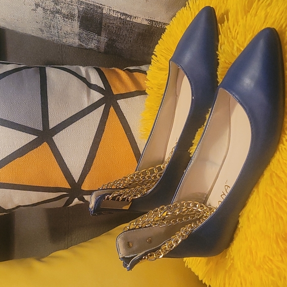 Liliana Shoes - Navy Blue Flats W Gold Chain Accent